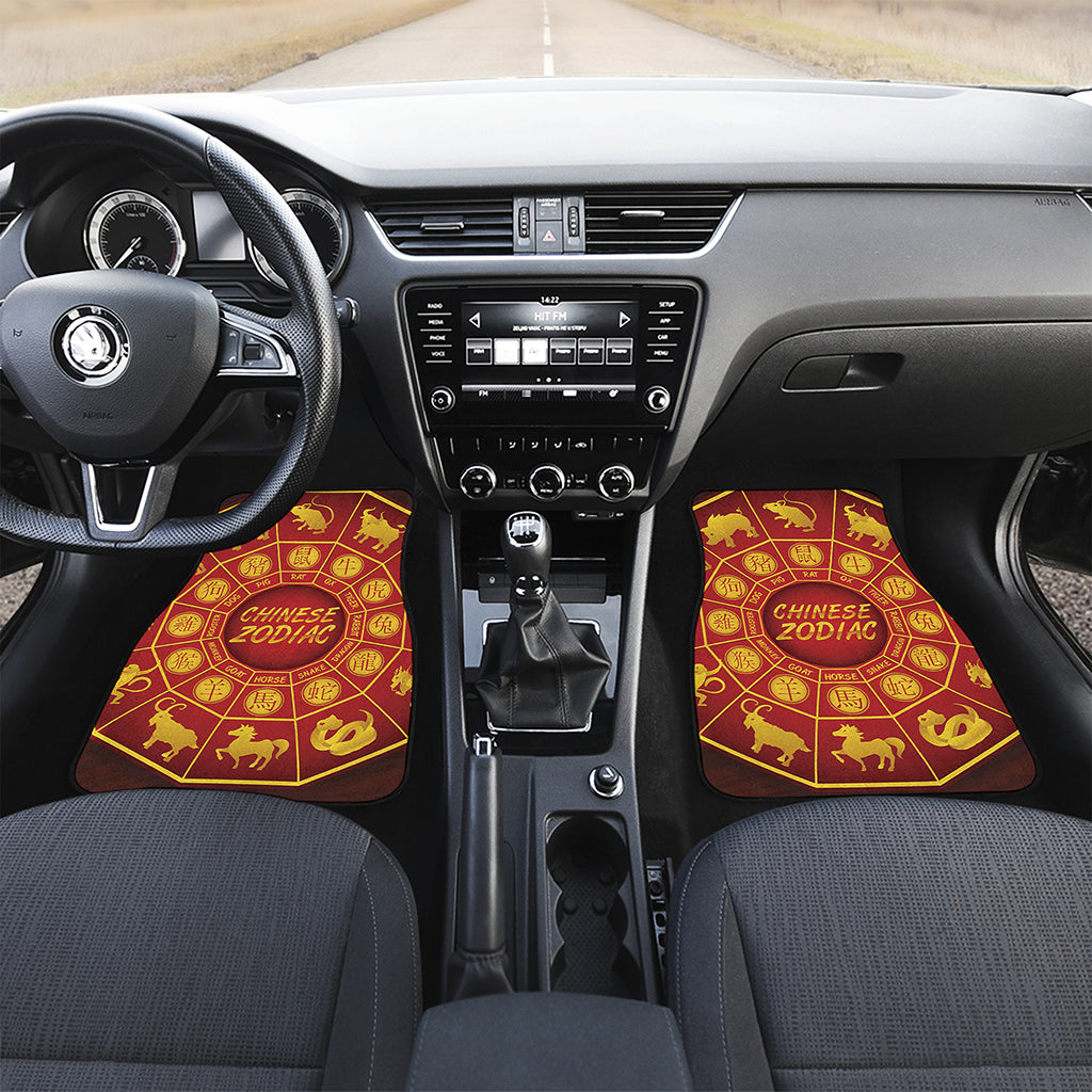 Red And Yellow Chinese Zodiac Print Front and Back Car Floor Mats