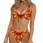 Red And Yellow Chinese Zodiac Print Front Bow Tie Bikini