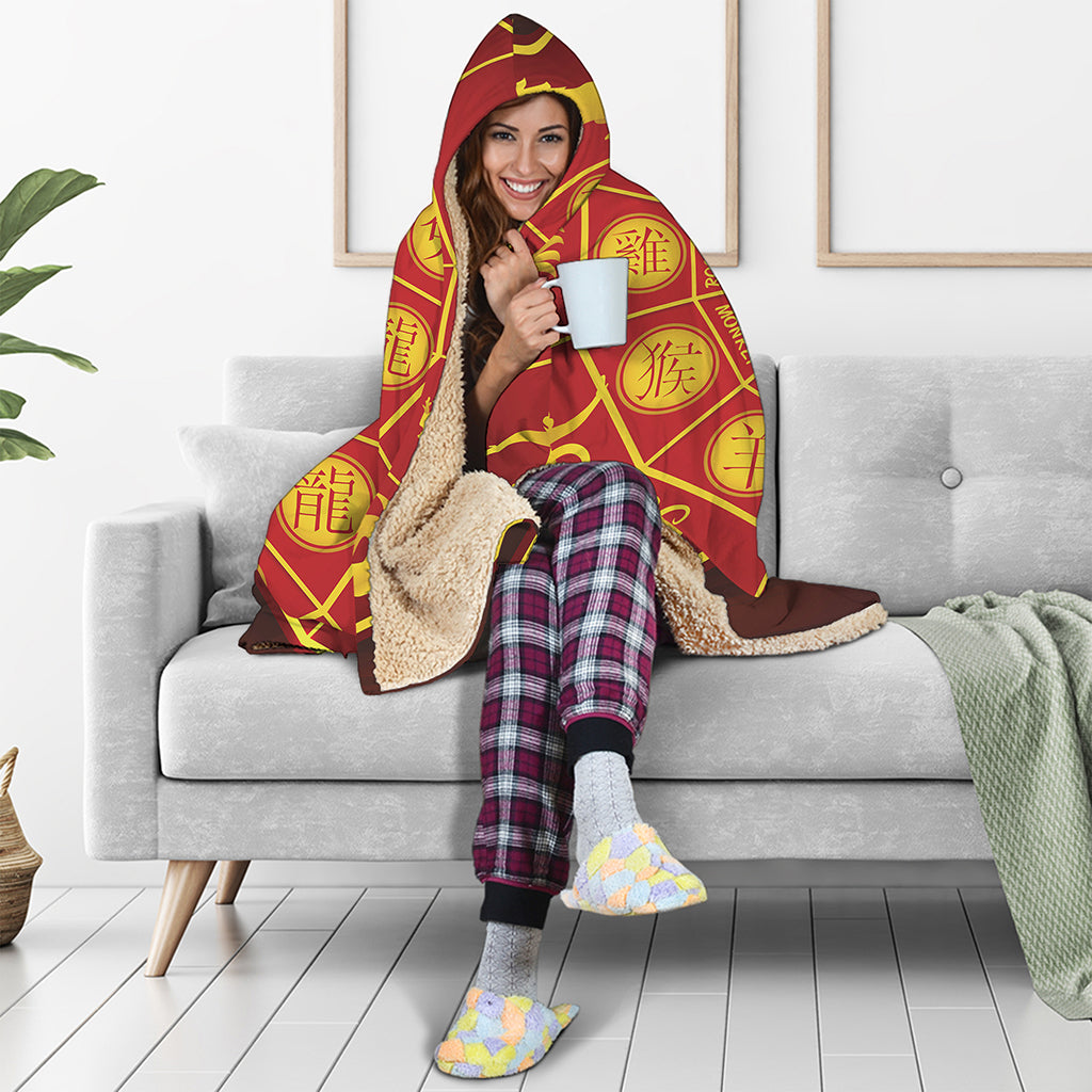 Red And Yellow Chinese Zodiac Print Hooded Blanket