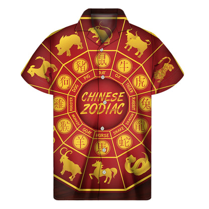 Red And Yellow Chinese Zodiac Print Men's Short Sleeve Shirt