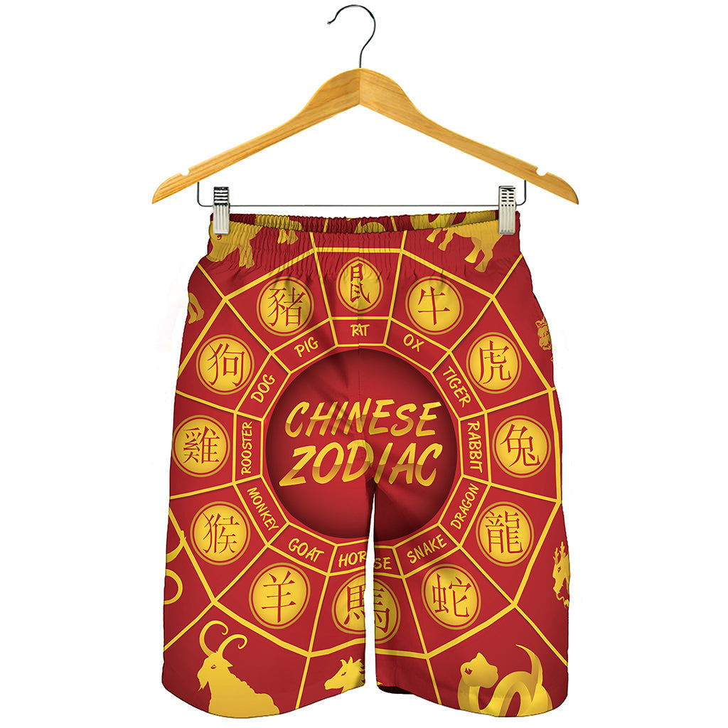 Red And Yellow Chinese Zodiac Print Men's Shorts