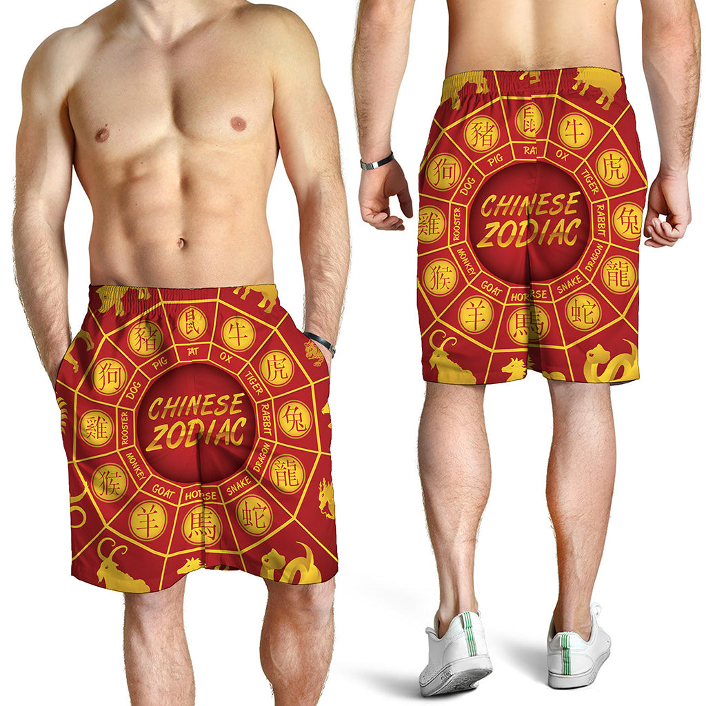 Red And Yellow Chinese Zodiac Print Men's Shorts