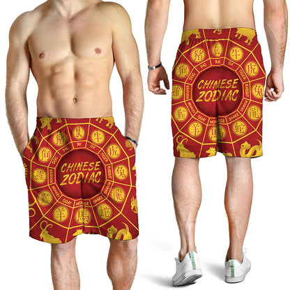 Red And Yellow Chinese Zodiac Print Men's Shorts