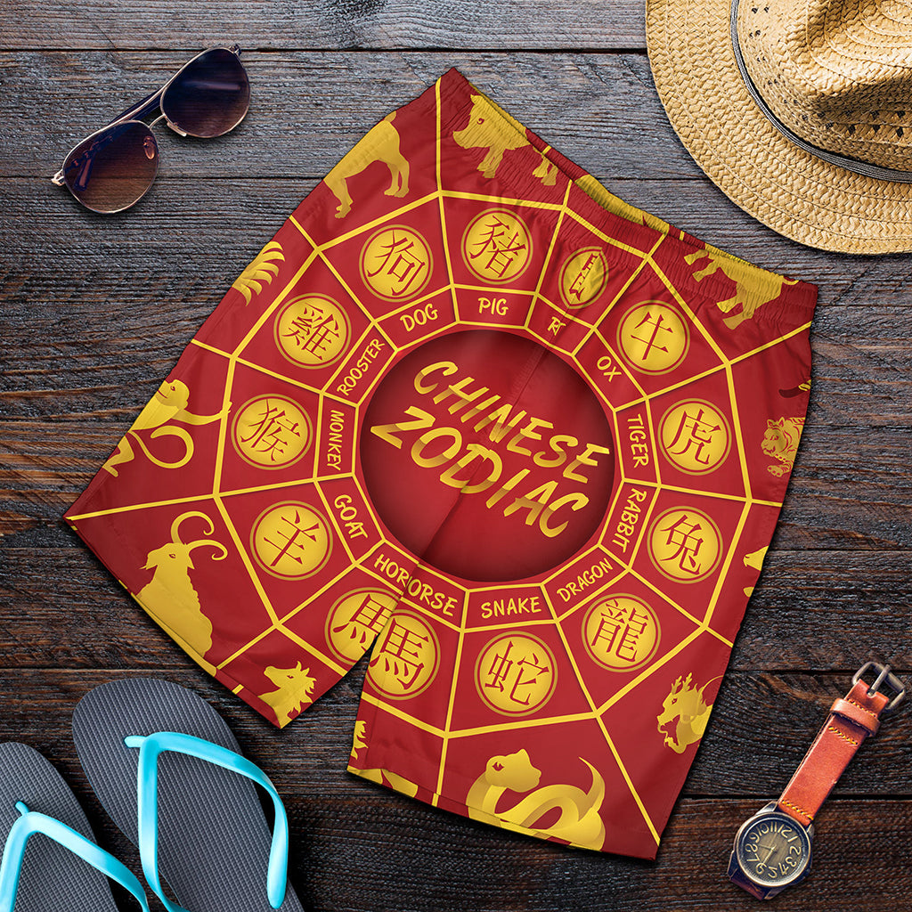 Red And Yellow Chinese Zodiac Print Men's Shorts