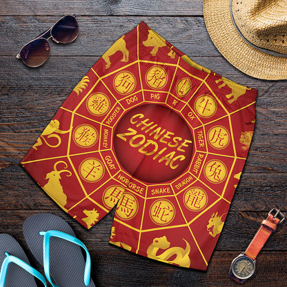 Red And Yellow Chinese Zodiac Print Men's Shorts
