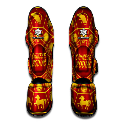 Red And Yellow Chinese Zodiac Print Muay Thai Shin Guard