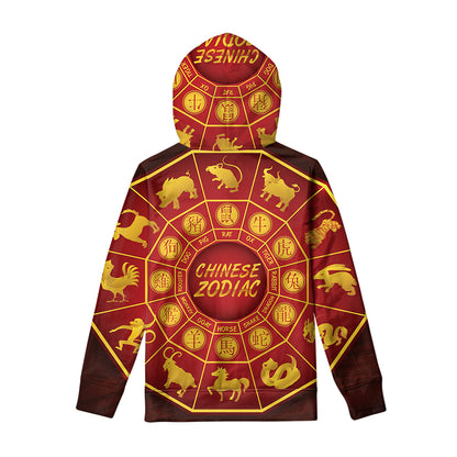 Red And Yellow Chinese Zodiac Print Pullover Hoodie