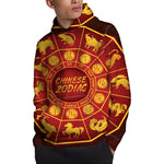 Red And Yellow Chinese Zodiac Print Pullover Hoodie