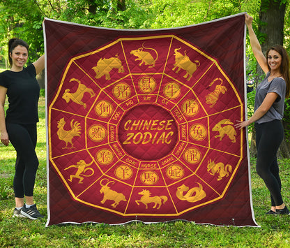 Red And Yellow Chinese Zodiac Print Quilt