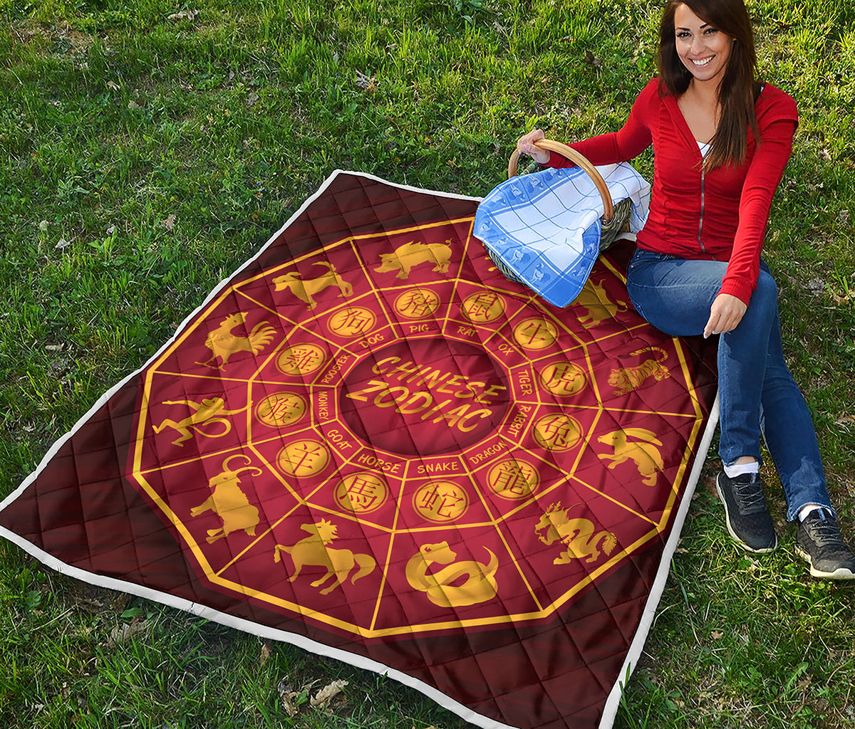 Red And Yellow Chinese Zodiac Print Quilt