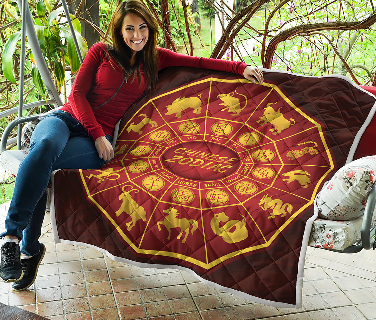 Red And Yellow Chinese Zodiac Print Quilt