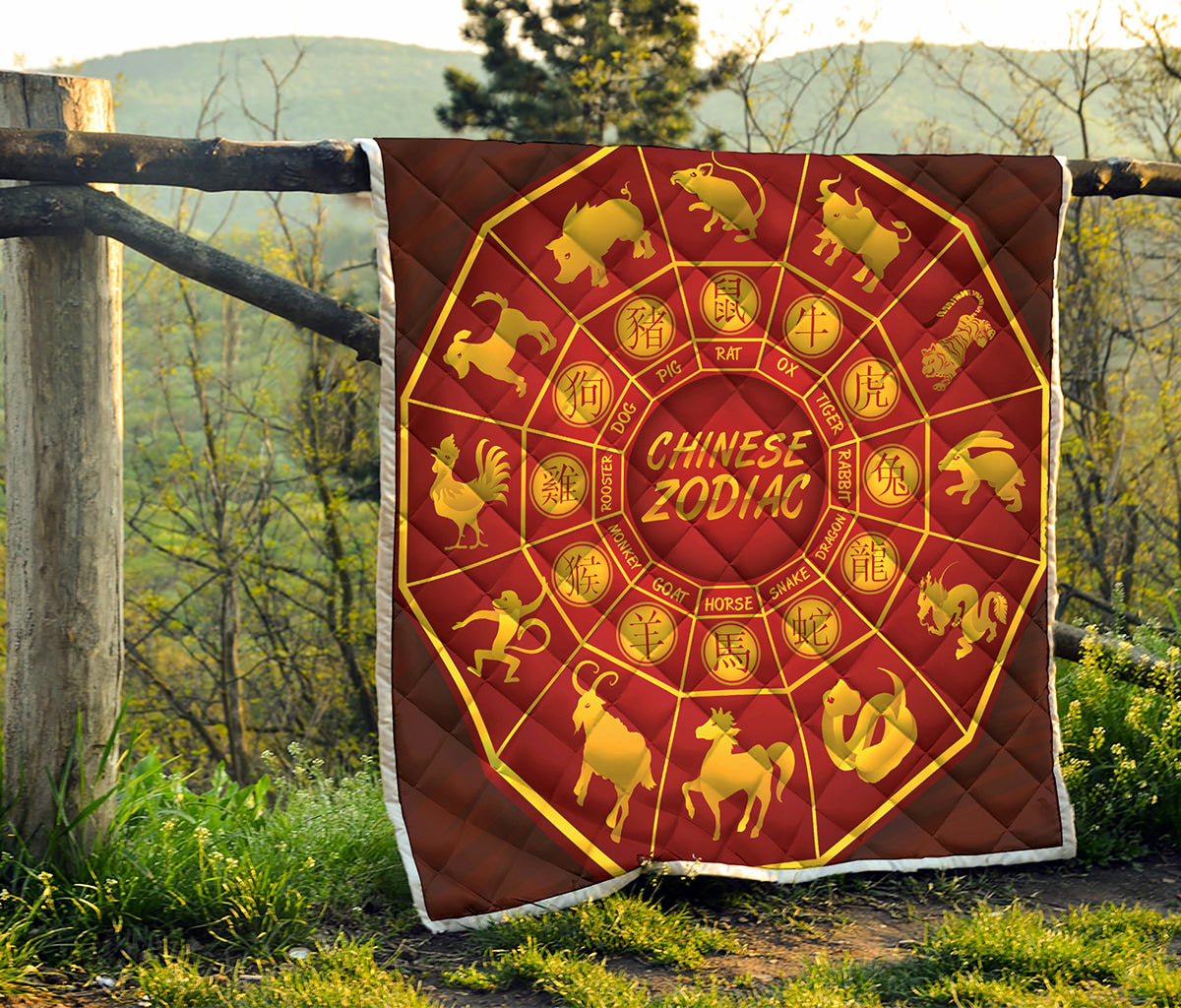 Red And Yellow Chinese Zodiac Print Quilt