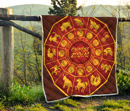 Red And Yellow Chinese Zodiac Print Quilt