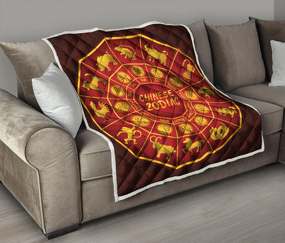 Red And Yellow Chinese Zodiac Print Quilt