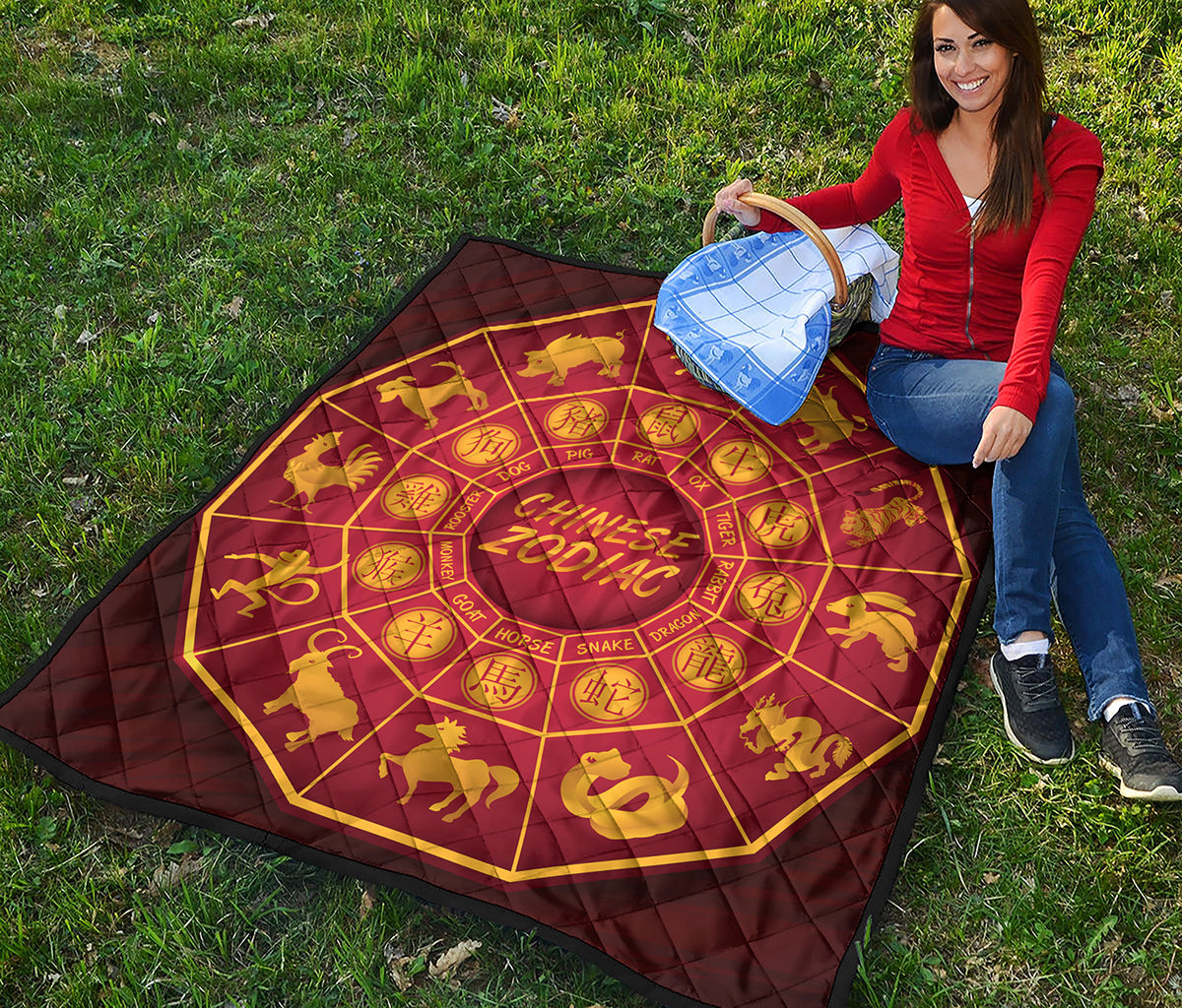 Red And Yellow Chinese Zodiac Print Quilt