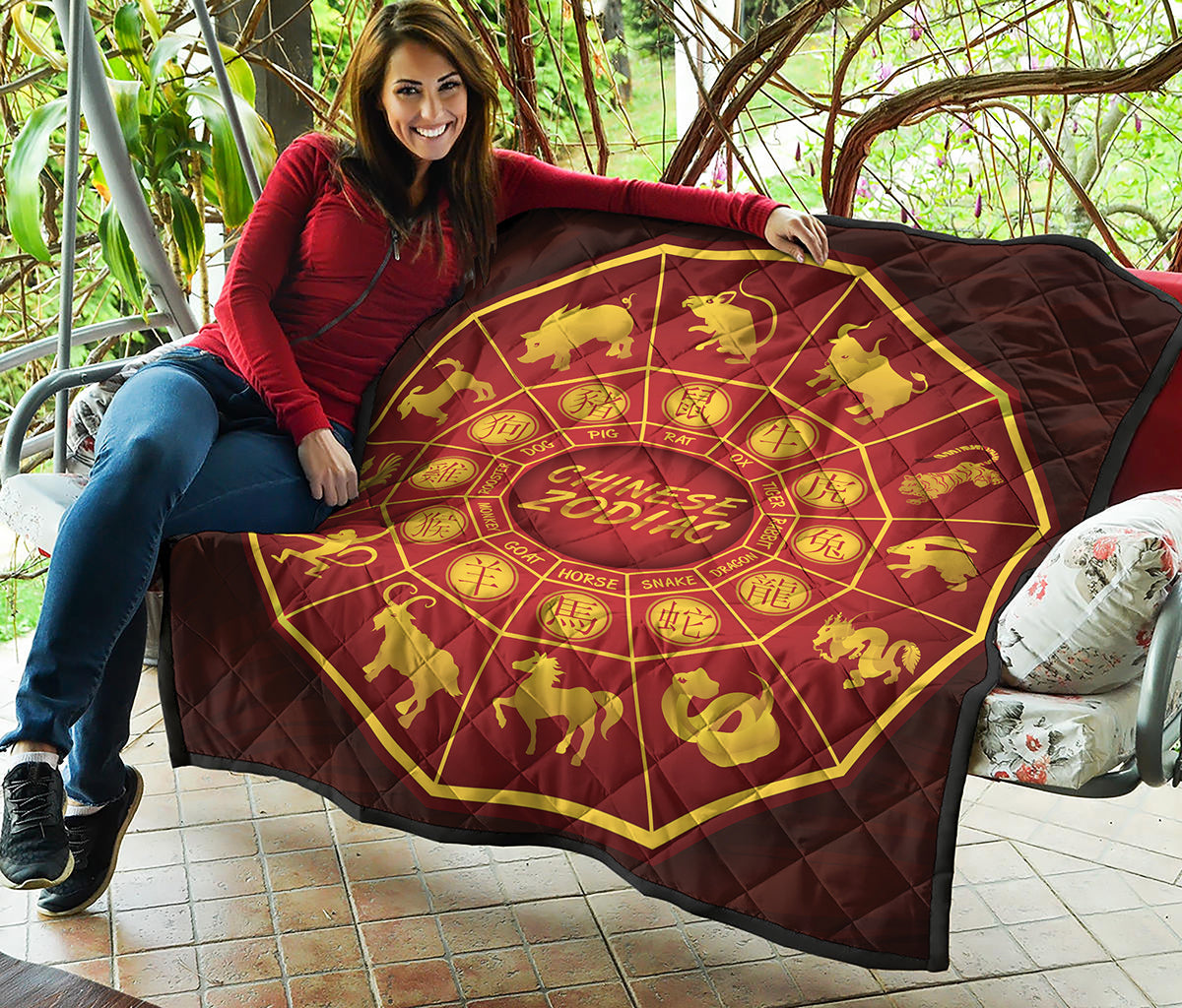 Red And Yellow Chinese Zodiac Print Quilt