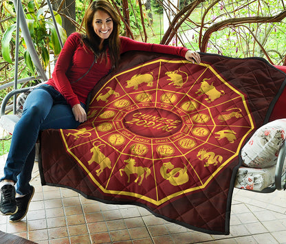 Red And Yellow Chinese Zodiac Print Quilt