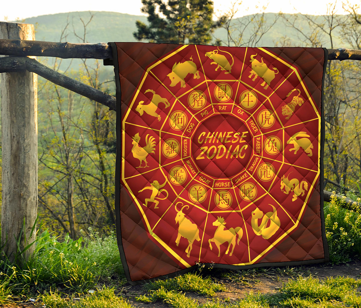 Red And Yellow Chinese Zodiac Print Quilt