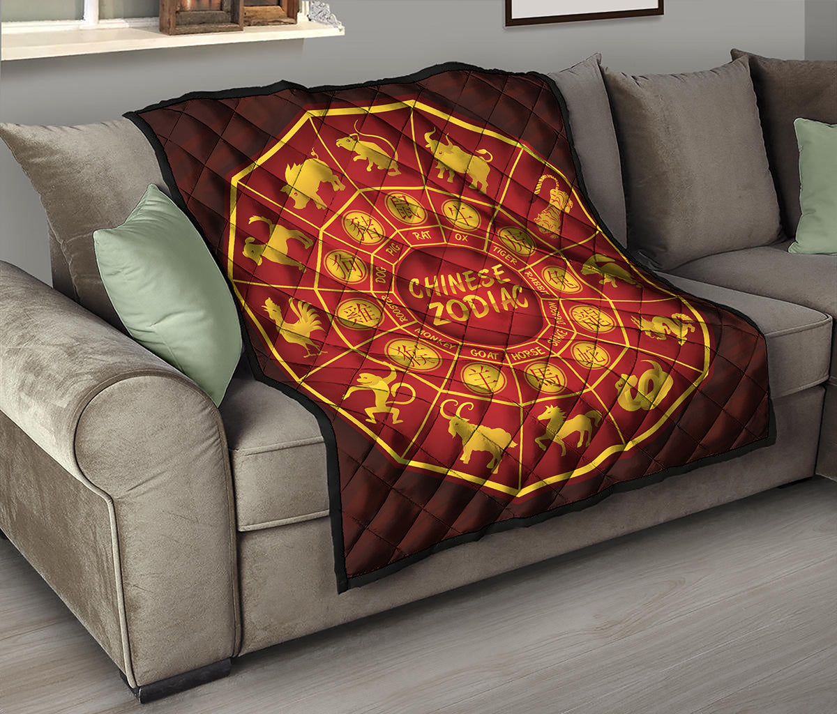 Red And Yellow Chinese Zodiac Print Quilt