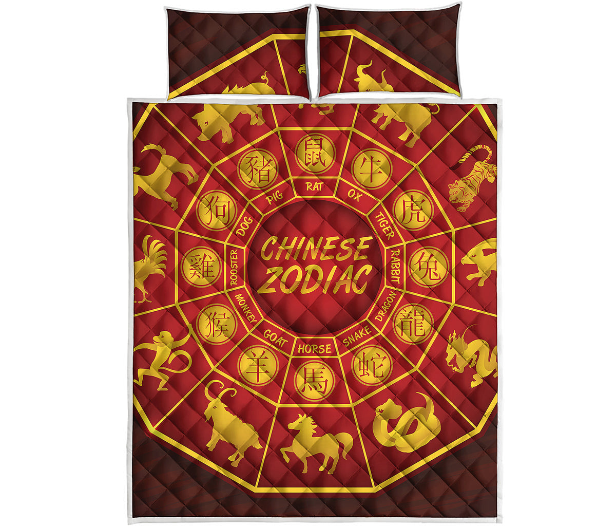 Red And Yellow Chinese Zodiac Print Quilt Bed Set
