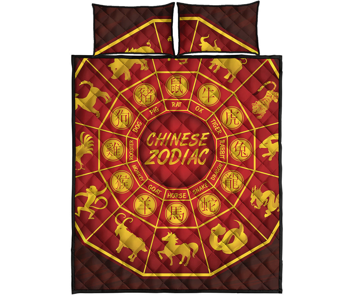 Red And Yellow Chinese Zodiac Print Quilt Bed Set