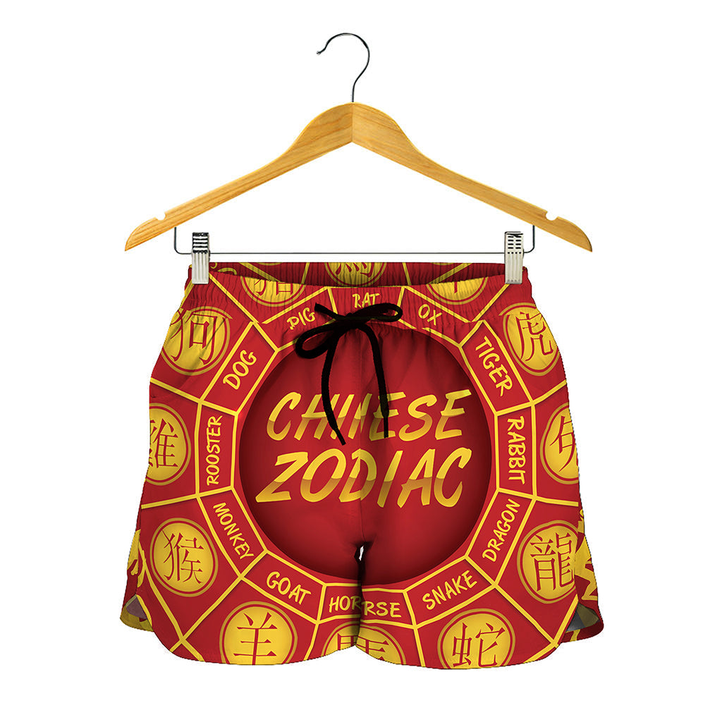 Red And Yellow Chinese Zodiac Print Women's Shorts