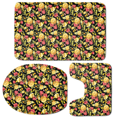 Red And Yellow Flowers Print 3 Piece Bath Mat Set