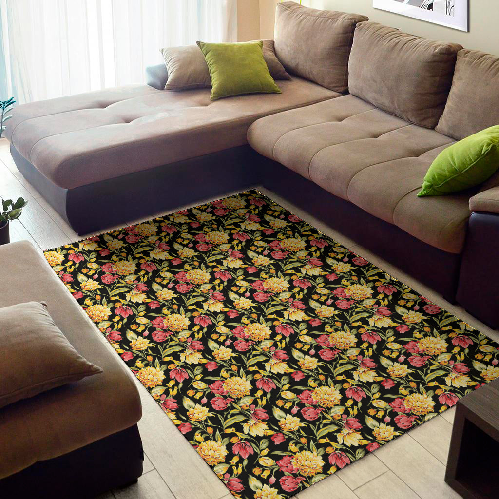 Red And Yellow Flowers Print Area Rug