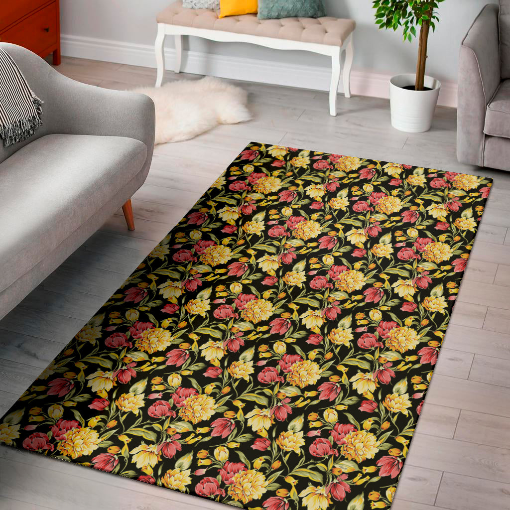Red And Yellow Flowers Print Area Rug