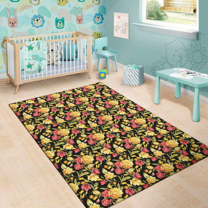 Red And Yellow Flowers Print Area Rug