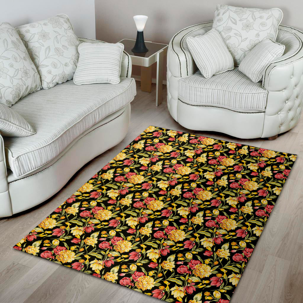 Red And Yellow Flowers Print Area Rug