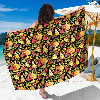 Red And Yellow Flowers Print Beach Sarong Wrap