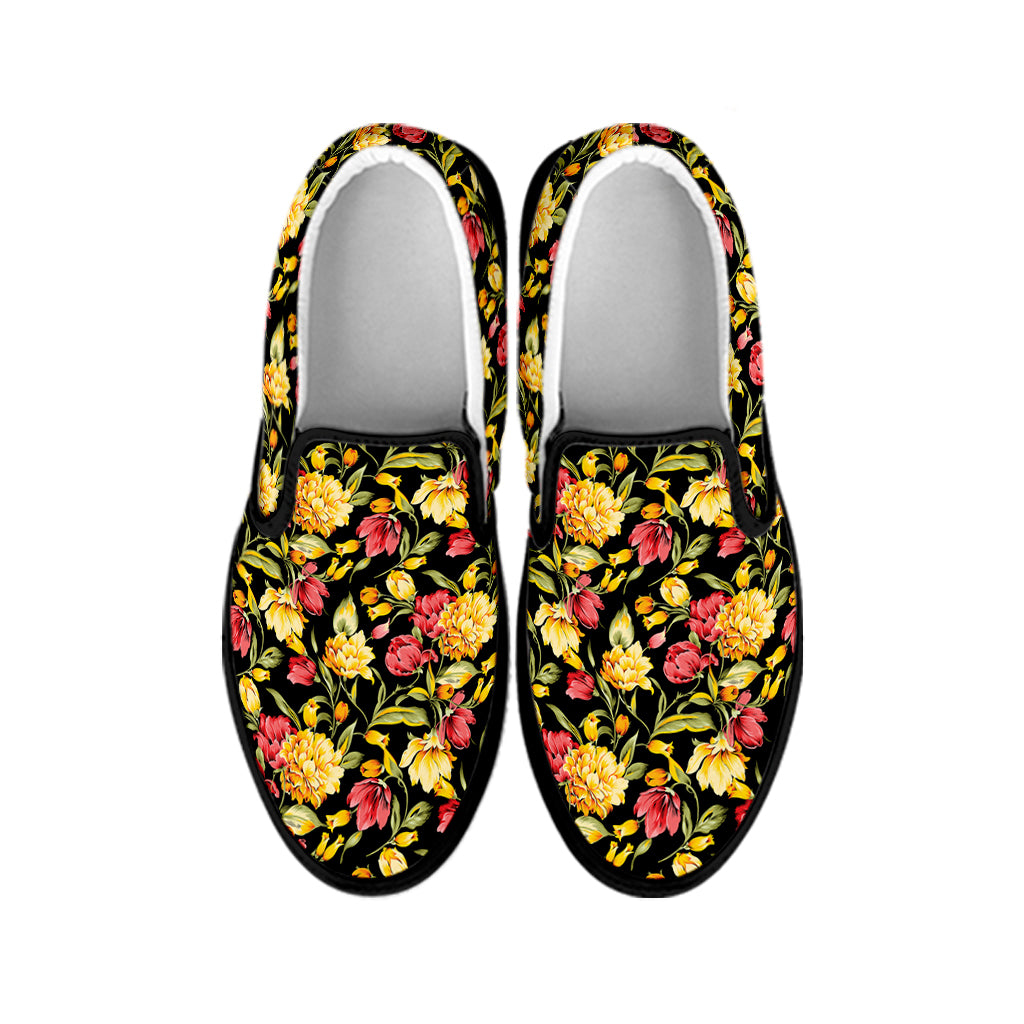 Red And Yellow Flowers Print Black Slip On Shoes