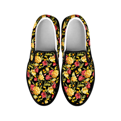 Red And Yellow Flowers Print Black Slip On Shoes