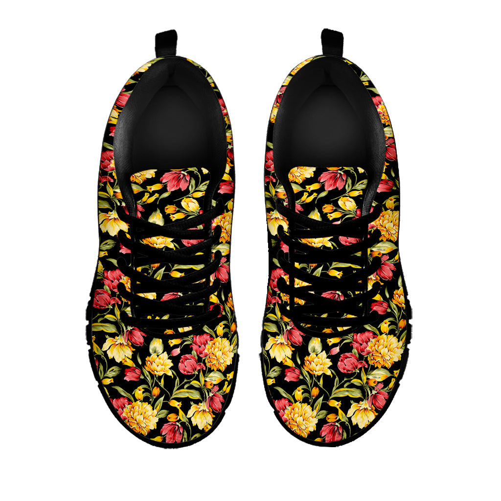 Red And Yellow Flowers Print Black Sneakers