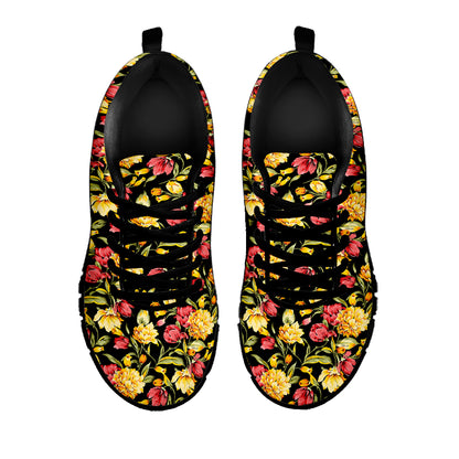 Red And Yellow Flowers Print Black Sneakers