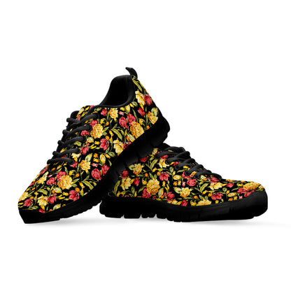 Red And Yellow Flowers Print Black Sneakers