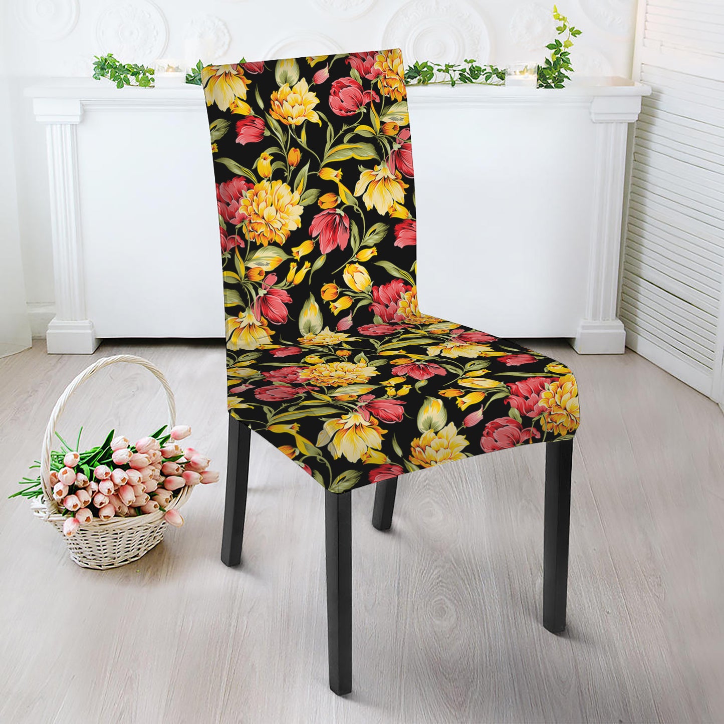 Red And Yellow Flowers Print Dining Chair Slipcover