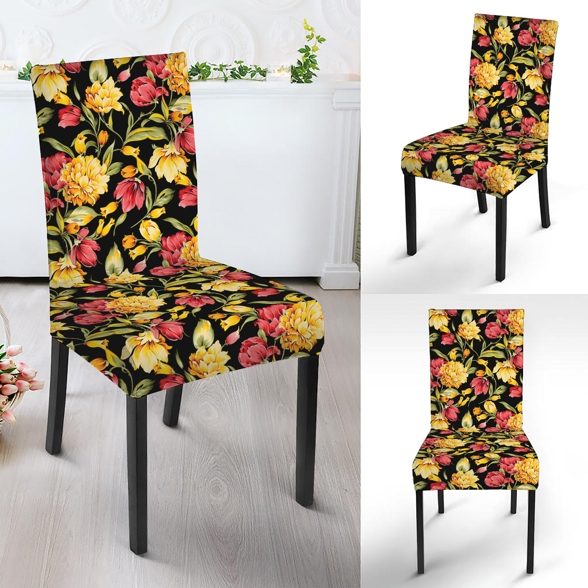 Red And Yellow Flowers Print Dining Chair Slipcover