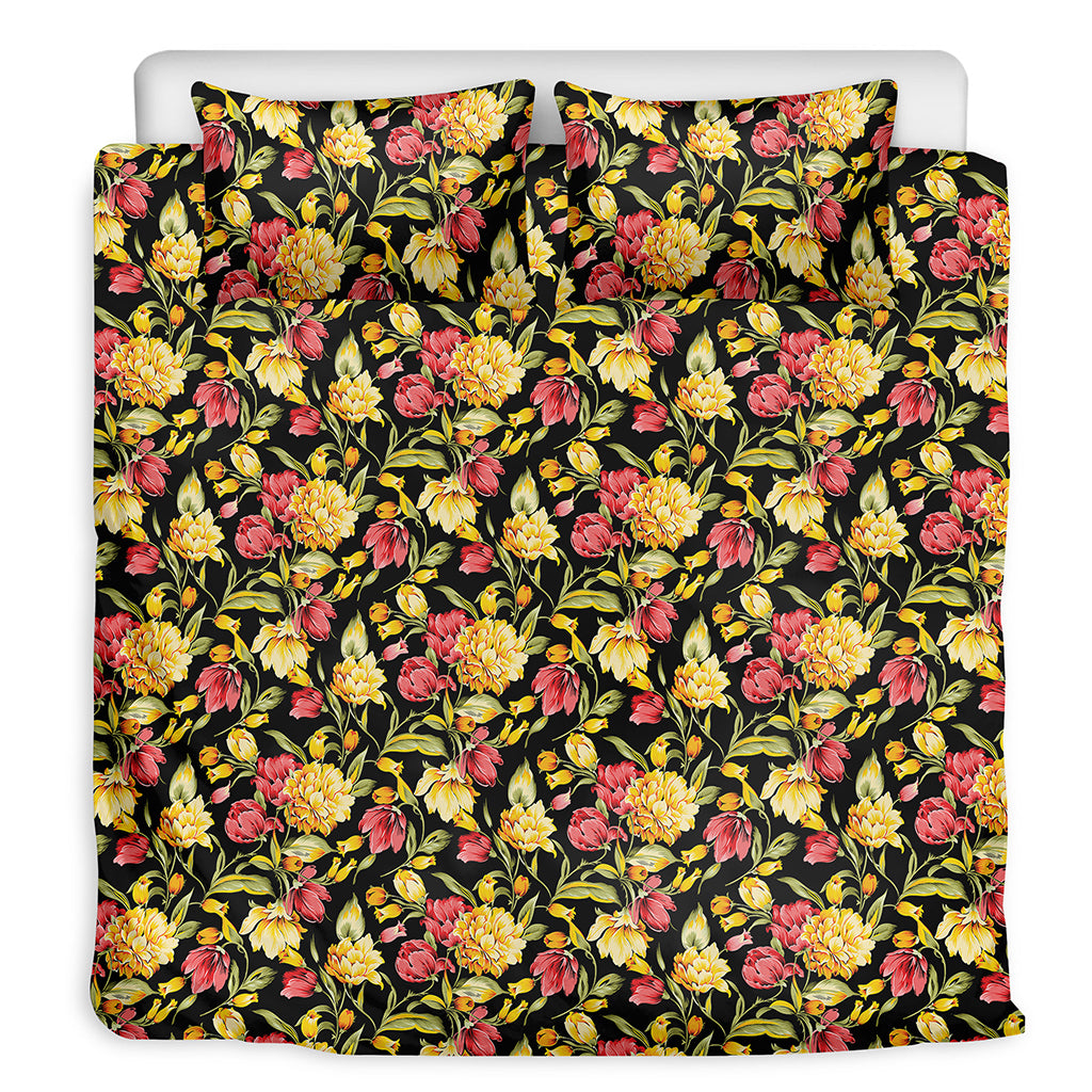 Red And Yellow Flowers Print Duvet Cover Bedding Set