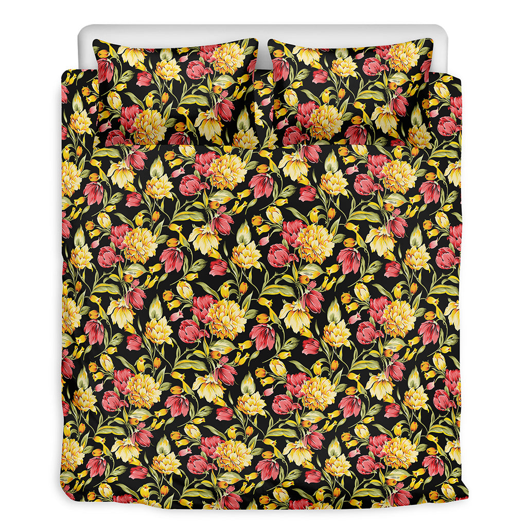 Red And Yellow Flowers Print Duvet Cover Bedding Set