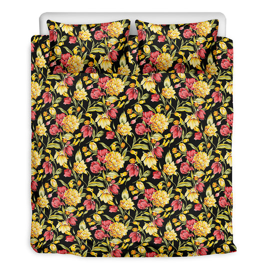 Red And Yellow Flowers Print Duvet Cover Bedding Set