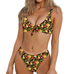 Red And Yellow Flowers Print Front Bow Tie Bikini