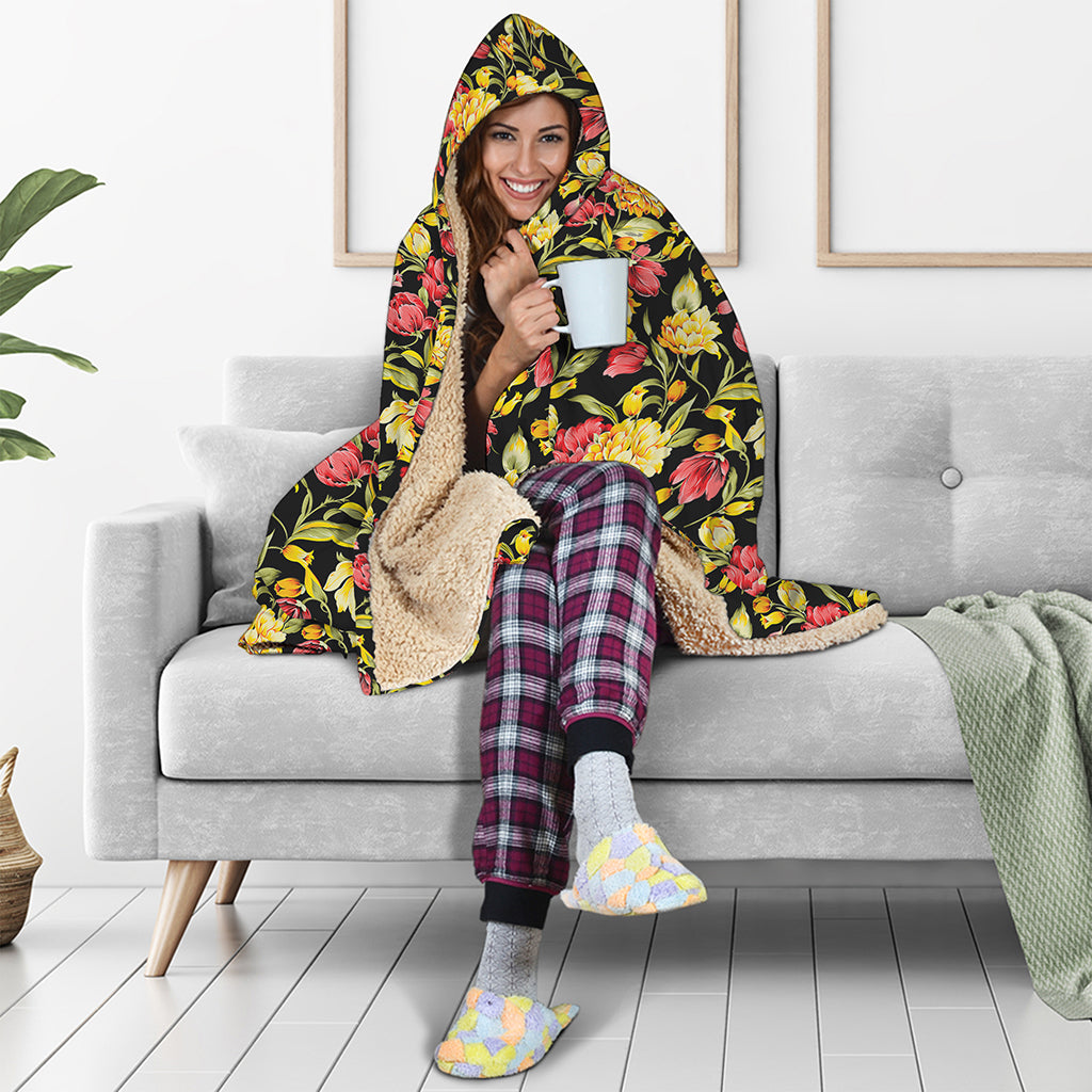 Red And Yellow Flowers Print Hooded Blanket