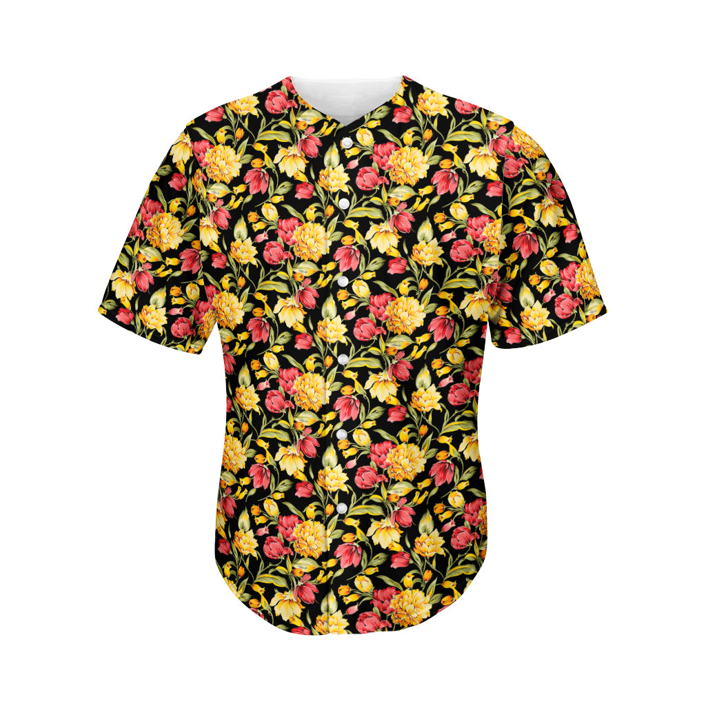 Red And Yellow Flowers Print Men's Baseball Jersey