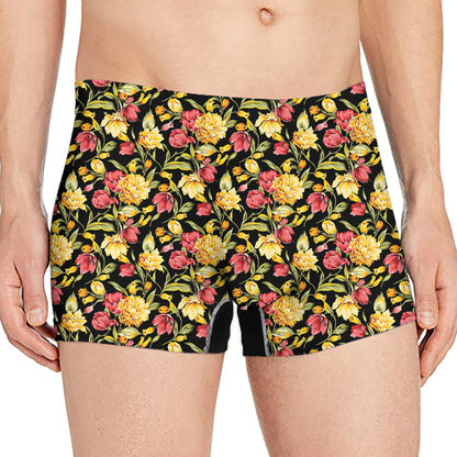 Red And Yellow Flowers Print Men's Boxer Briefs