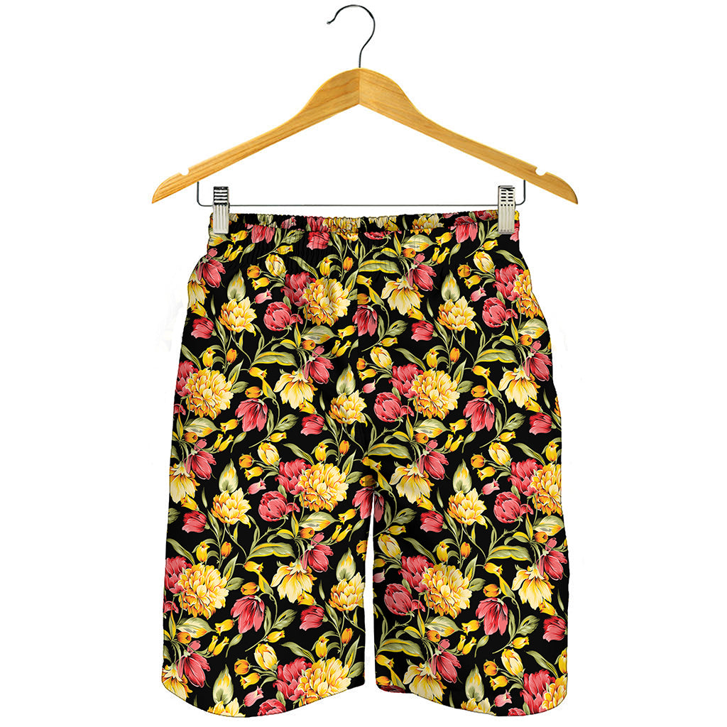 Red And Yellow Flowers Print Men's Shorts