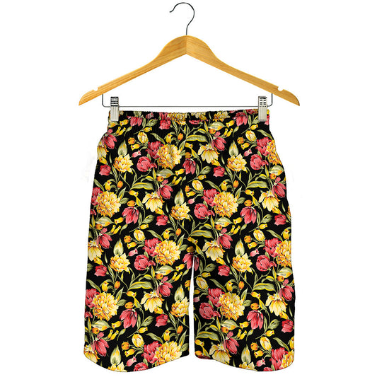 Red And Yellow Flowers Print Men's Shorts