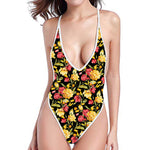 Red And Yellow Flowers Print One Piece High Cut Swimsuit