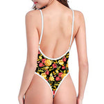 Red And Yellow Flowers Print One Piece High Cut Swimsuit